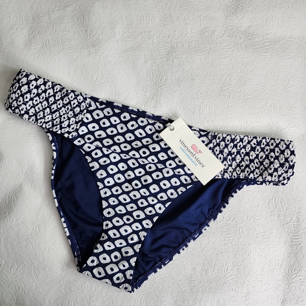 Vineyard Vines Stingray Smocked Bikini Bottom Deep Blue & White Size Medium NWT